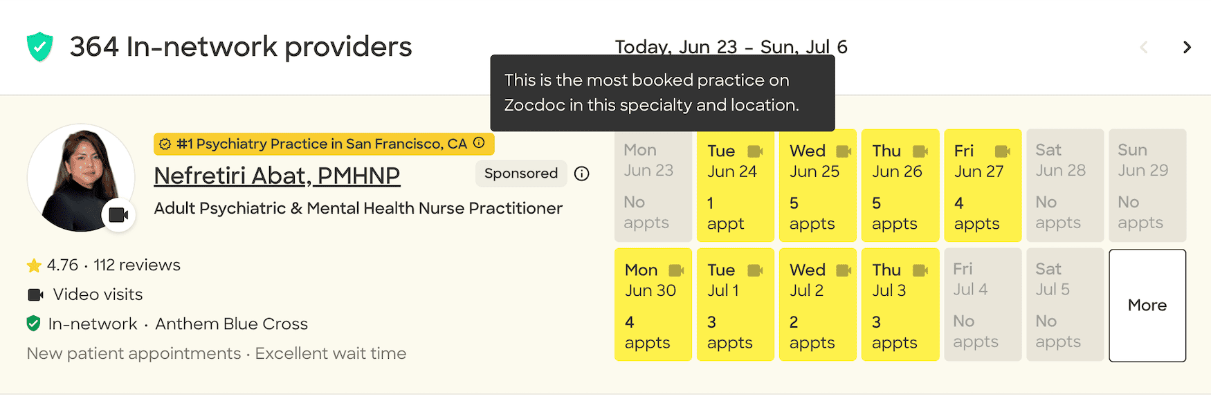 In-network mental health provider listing with available appointment dates | Exxceed Wellness