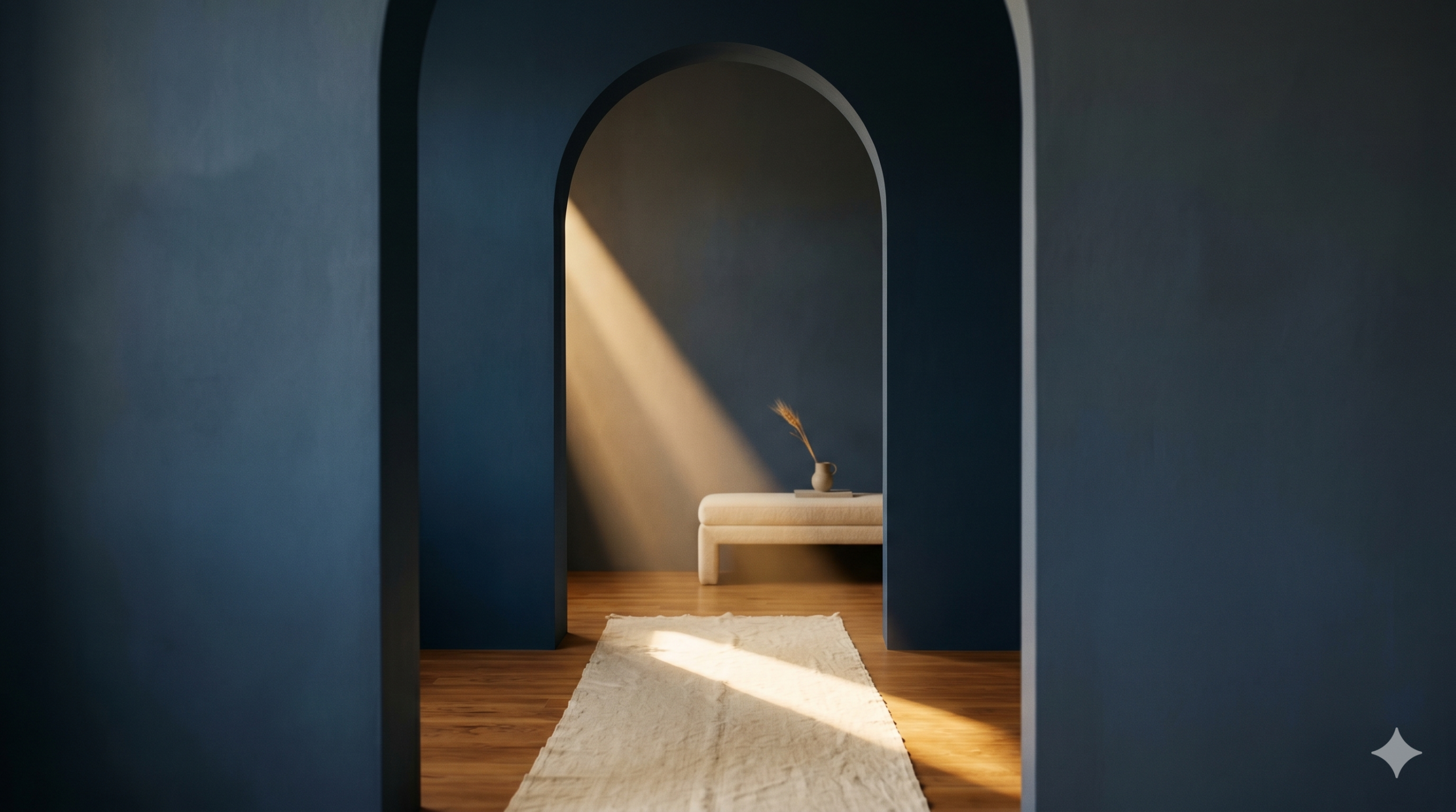 Editorial photograph of warm afternoon sunlight crossing through an arched doorway onto cream linen and oak floor — Exxceed Wellness blog hero for how Spravato esketamine works in the brain.