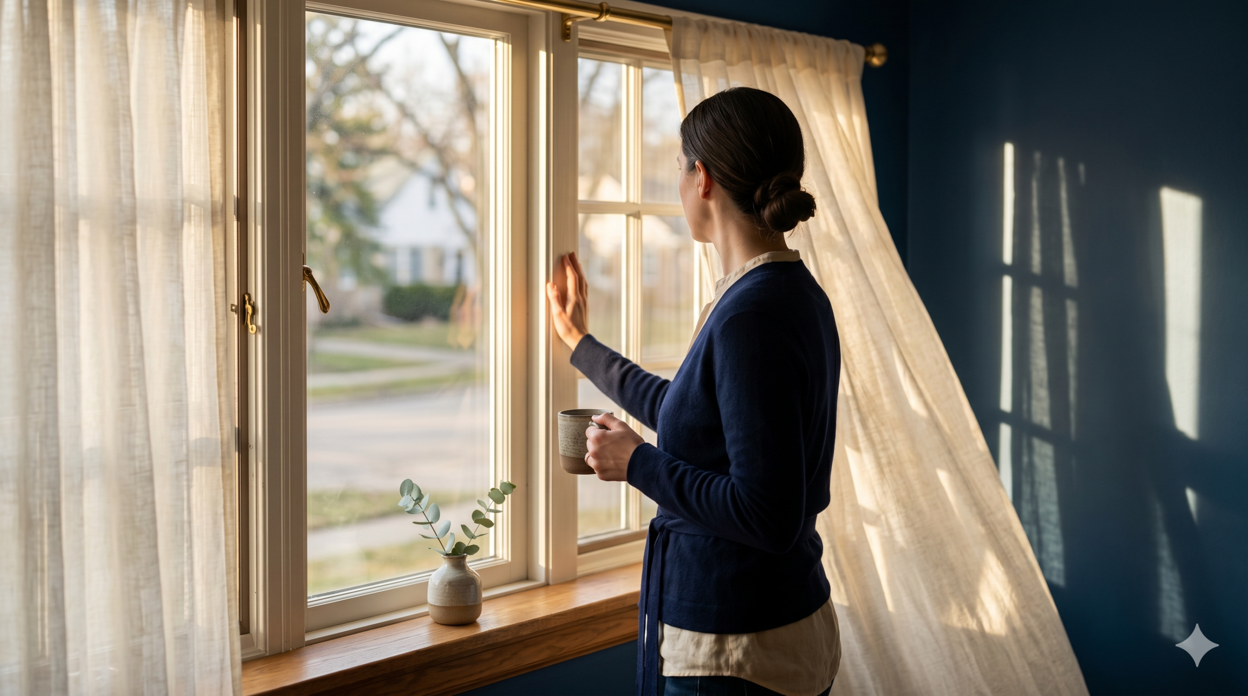 Woman in deep navy and cream linen looking out a sunlit window — Hayward CA psychiatric care for treatment-resistant depression