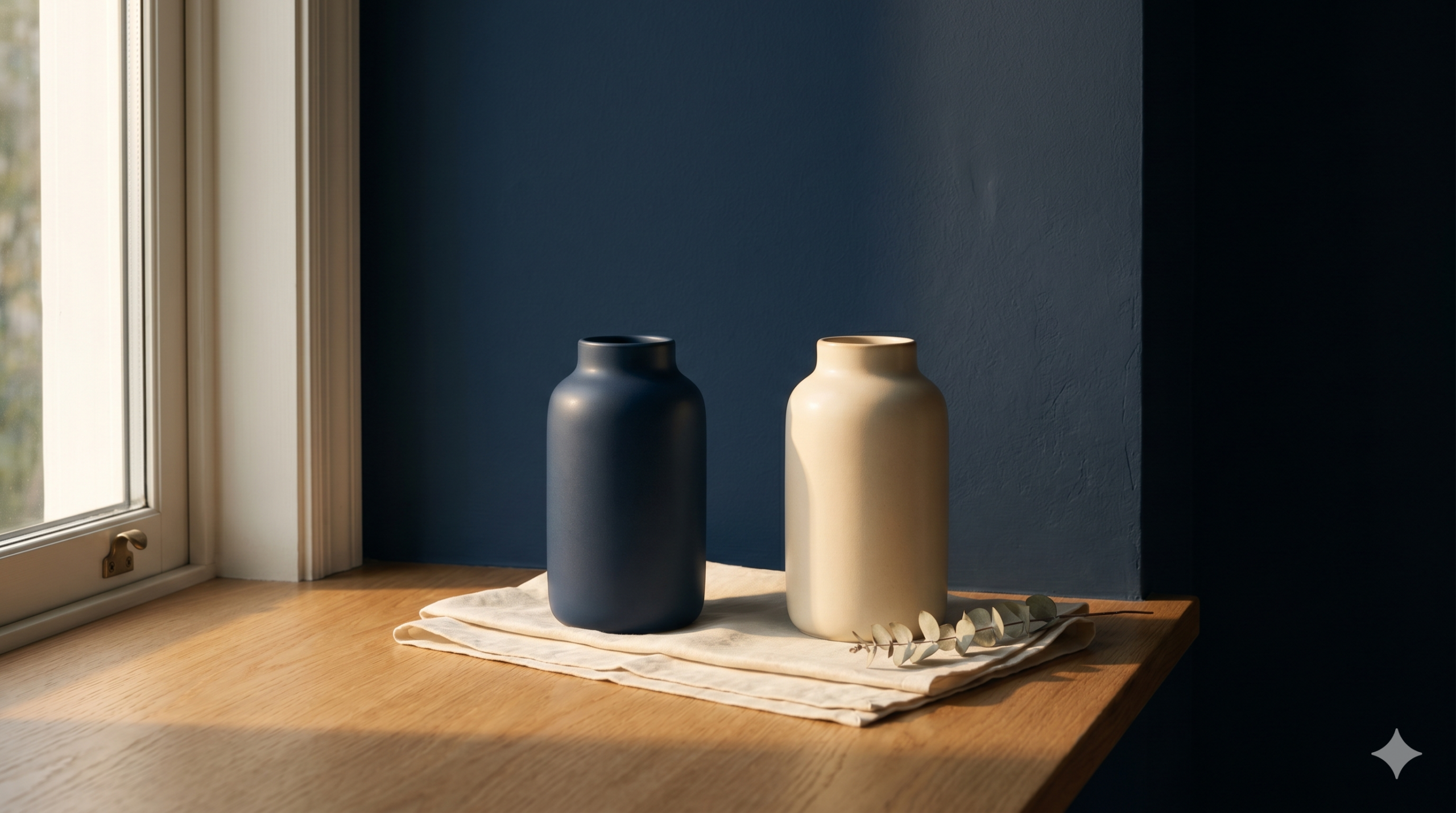 Two ceramic vessels in navy and cream on a sunlit oak windowsill — Spravato vs TMS for treatment-resistant depression decision-guide hero, Exxceed Wellness Hayward CA.