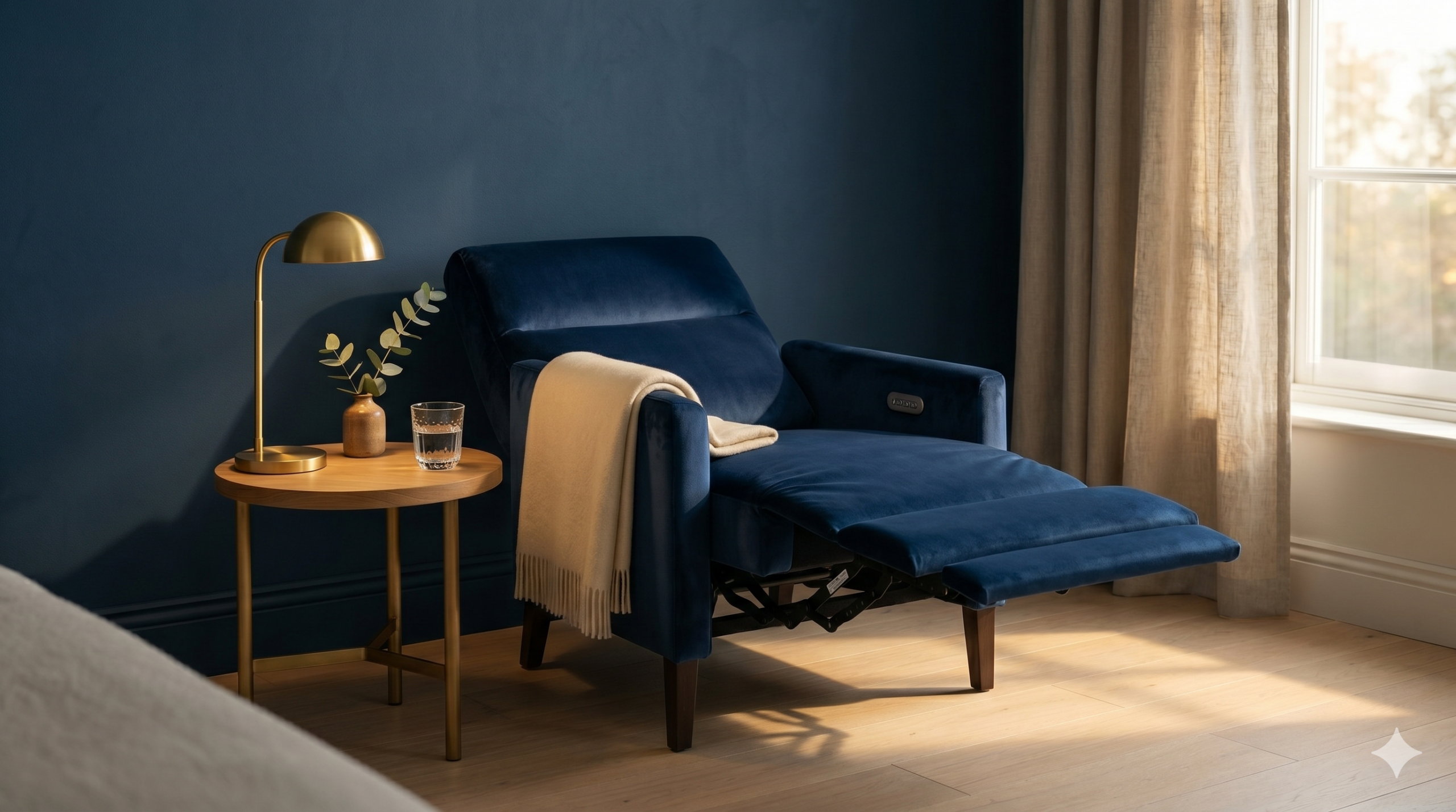 Calm clinical treatment room with deep navy walls, comfortable cream-linen armchair, soft late-afternoon light, and a single eucalyptus sprig — symbolizing the standardized, REMS-monitored safety of Spravato esketamine treatment at Exxceed Wellness, Hayward CA.