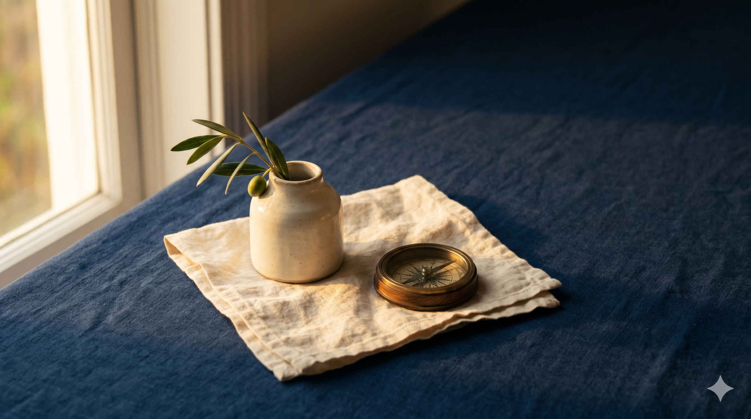 Editorial still life of an olive sprig in a cream ceramic vessel beside a brass compass on navy linen — Exxceed Wellness blog hero for combining SPRAVATO and TMS in treatment-resistant depression.