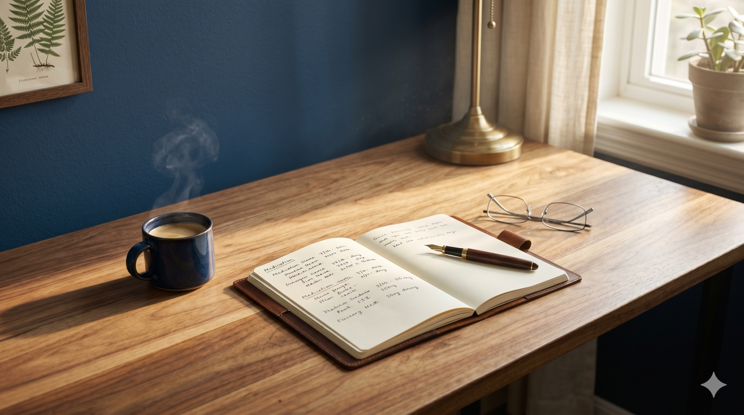 Sunlit writing desk with leather-bound notebook, fountain pen, and coffee — symbolizing the careful medication audit that defines a real treatment-resistant depression diagnosis. Exxceed Wellness, Hayward CA.