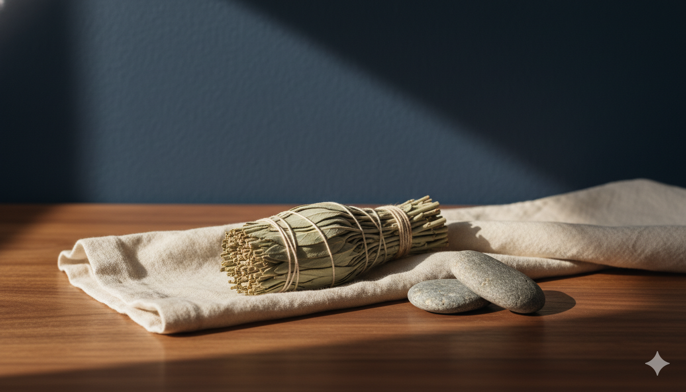 Single bundle of dried sage tied with natural twine on folded cream linen with two small river stones on warm walnut, deep navy plaster wall in golden light - editorial still-life for anxious treatment-resistant depression recovery, Exxceed Wellness, Hayward CA.