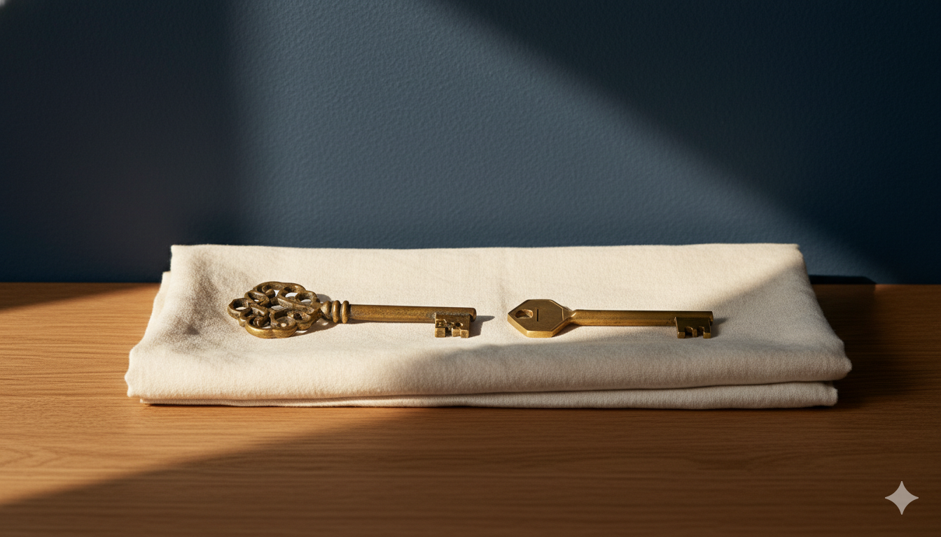 Two distinct antique brass keys side by side on folded cream linen on oak surface, deep navy plaster wall in late-afternoon golden light - editorial still-life for the anxiety-vs-ADHD differential diagnosis, Exxceed Wellness, Hayward CA.