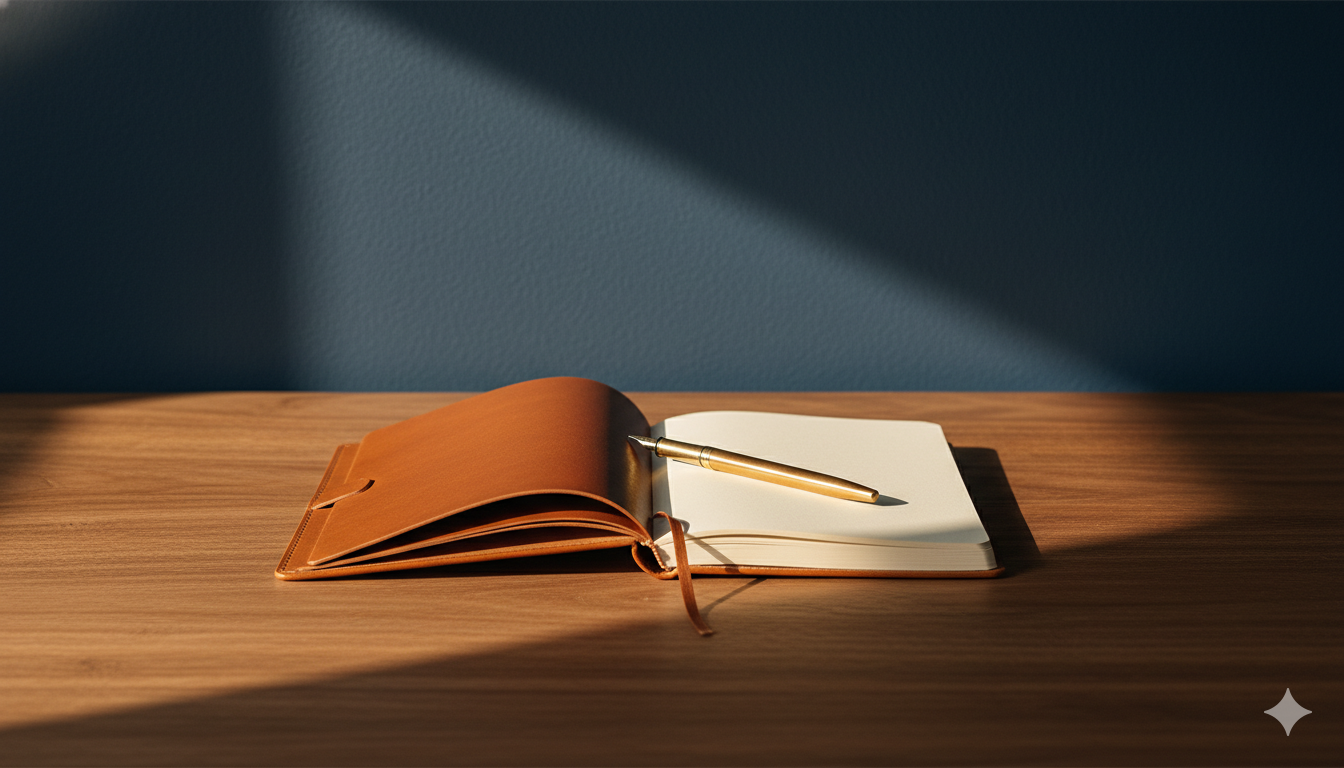 Open leather-bound notebook with cognac brown cover and brass fountain pen on warm walnut desk, deep navy plaster wall in golden light - editorial still-life evoking careful anxiety evaluation, Exxceed Wellness, Hayward CA.