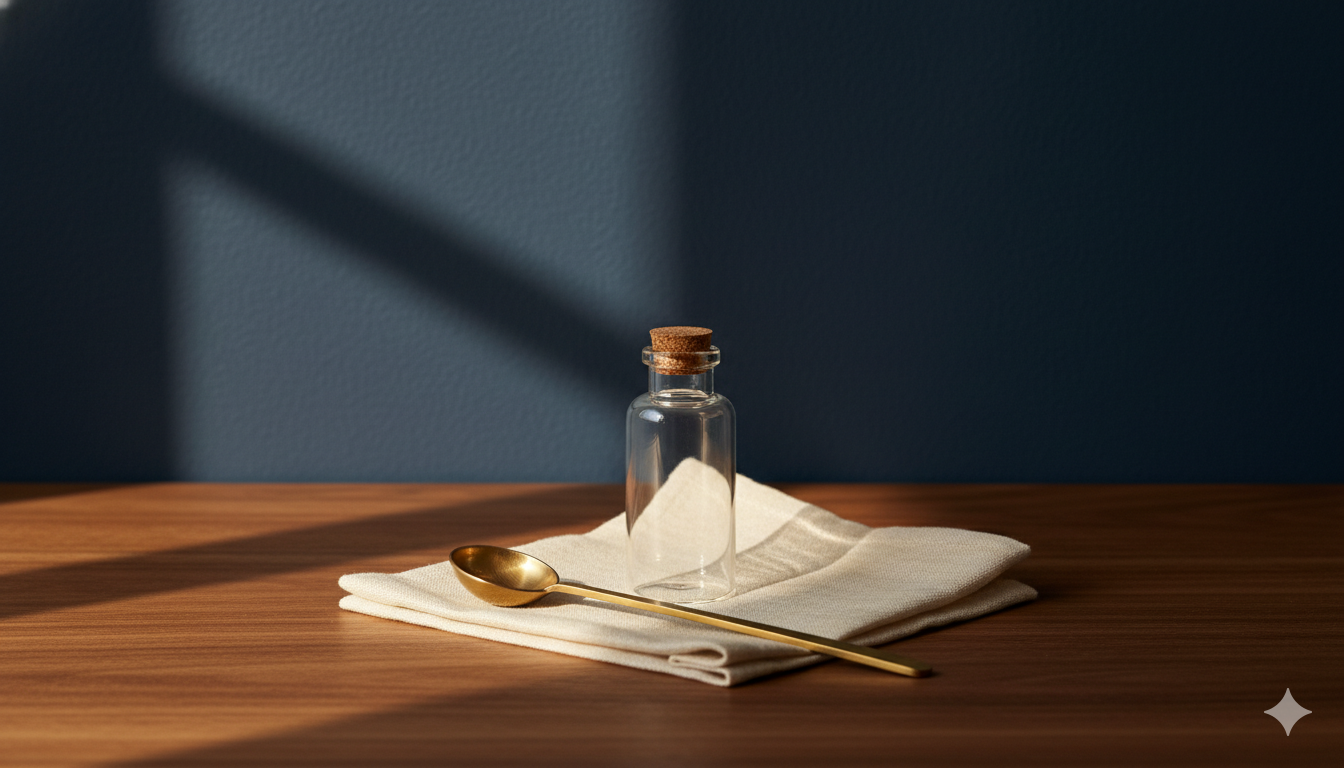 Clear glass apothecary bottle with cork stopper on folded cream cloth on warm walnut with slender brass spoon beside it, deep navy plaster wall in golden light - editorial still-life for anxiety medication primer SSRIs SNRIs buspirone, Exxceed Wellness, Hayward CA.