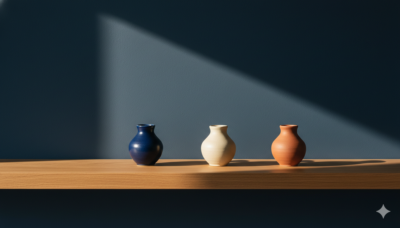 Three small handcrafted ceramic vessels in navy cream and terracotta on a warm oak shelf, deep navy plaster wall in late-afternoon golden light - editorial still-life for the panic-vs-social-anxiety-vs-GAD differential diagnosis, Exxceed Wellness, Hayward CA.