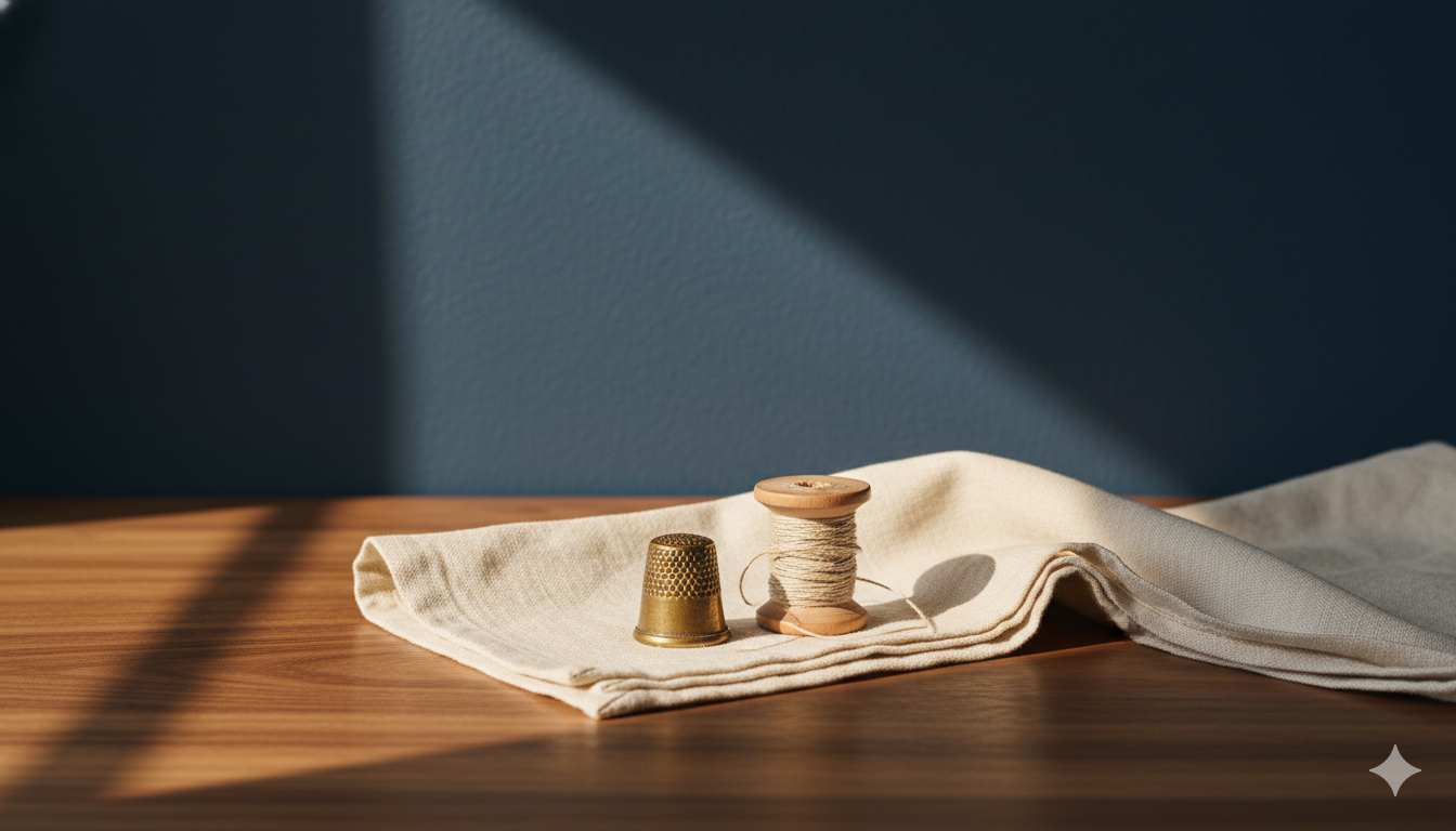 Single brass thimble and small wooden spool of natural ecru twine on folded cream linen on warm walnut, deep navy plaster wall in golden light - editorial still-life for anxiety as a learning problem and inhibitory learning, Exxceed Wellness, Hayward CA.