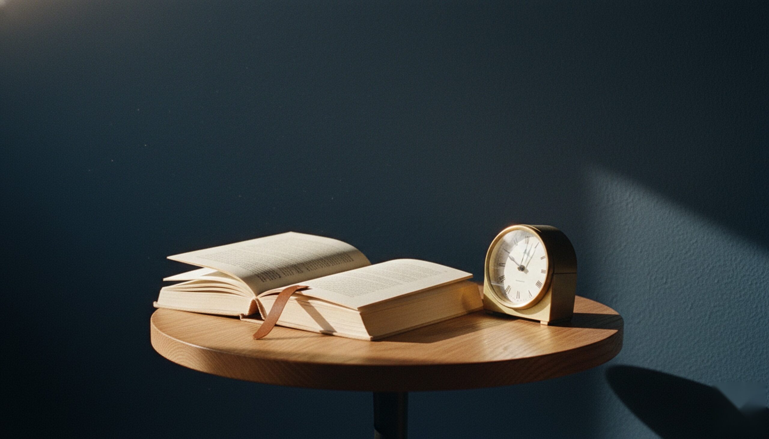 Editorial still-life of an open hardback book face-down on an oak side table beside a small brass desk clock in late afternoon sunlight — Exxceed Wellness blog hero on how long a TMS session takes.