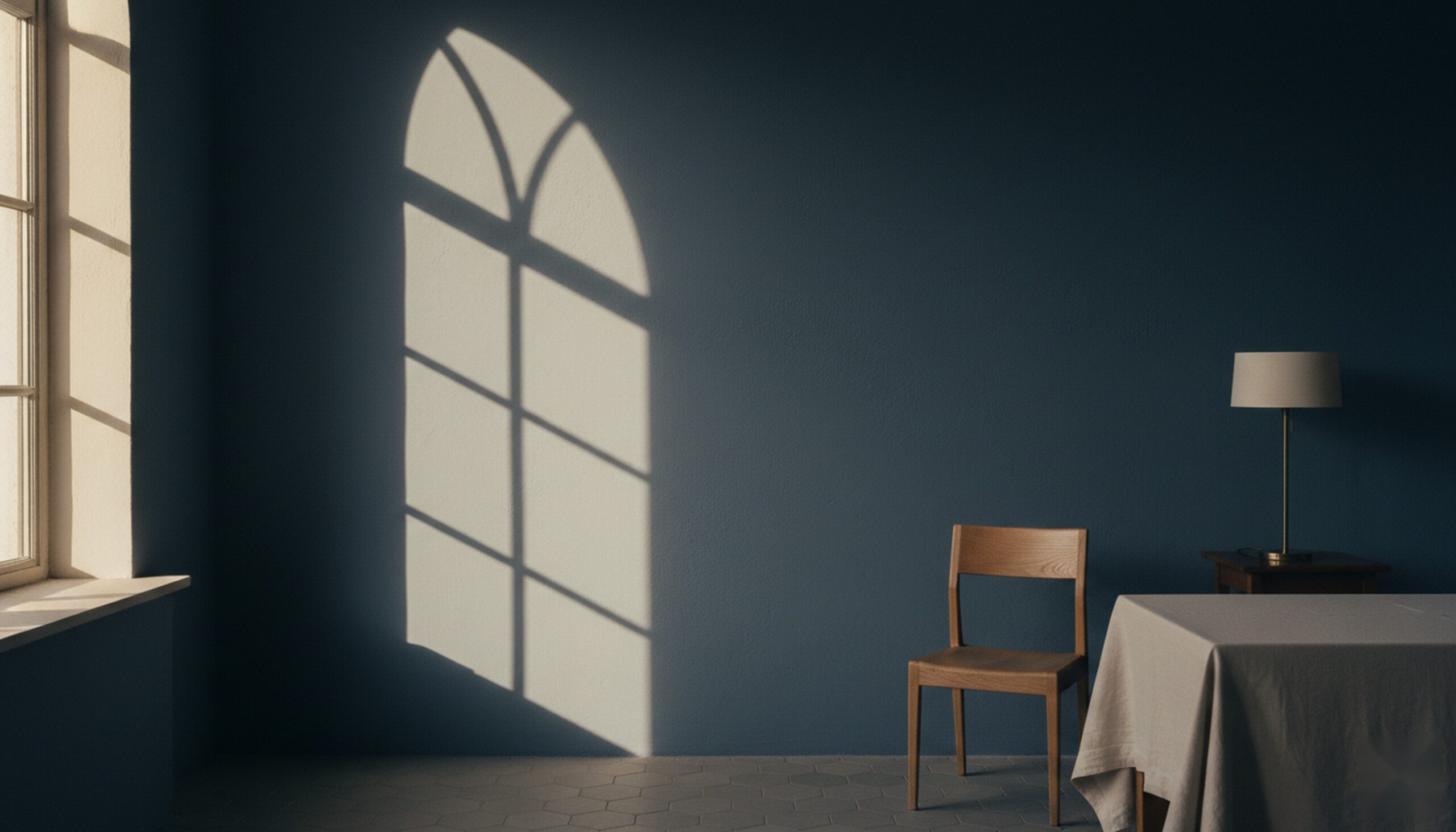 TMS maintenance therapy in Hayward CA — quiet room with empty oak chair, navy plaster wall, late afternoon golden light, representing the practice of returning