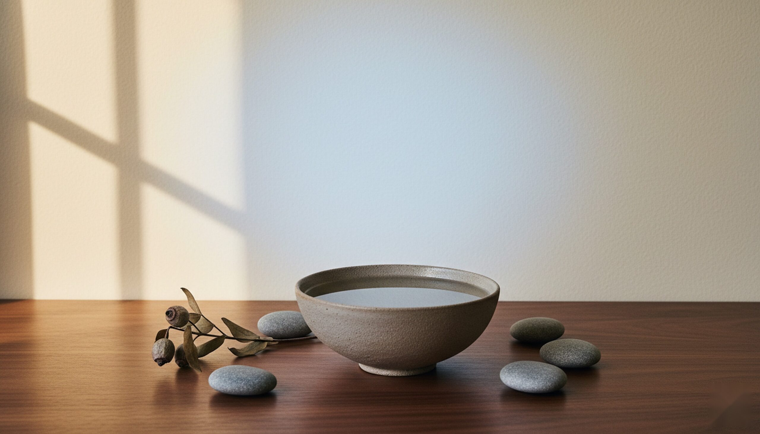 TMS for anxiety in Hayward CA — minimalist ceramic bowl of still water reflecting morning sky, representing calm clarity in psychiatric care