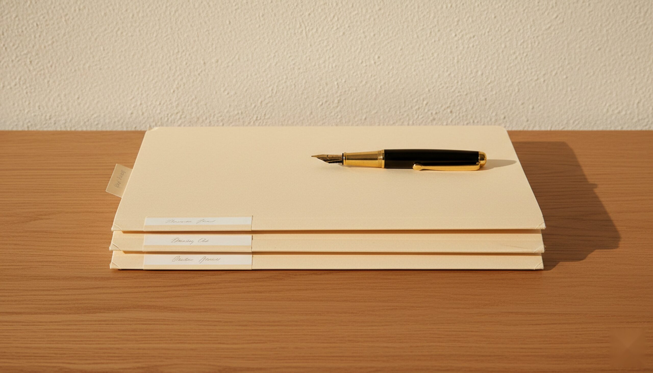 TMS prior authorization documentation in California Hayward — stack of manila folders with brass fountain pen, representing the paperwork and parity-law appeals process