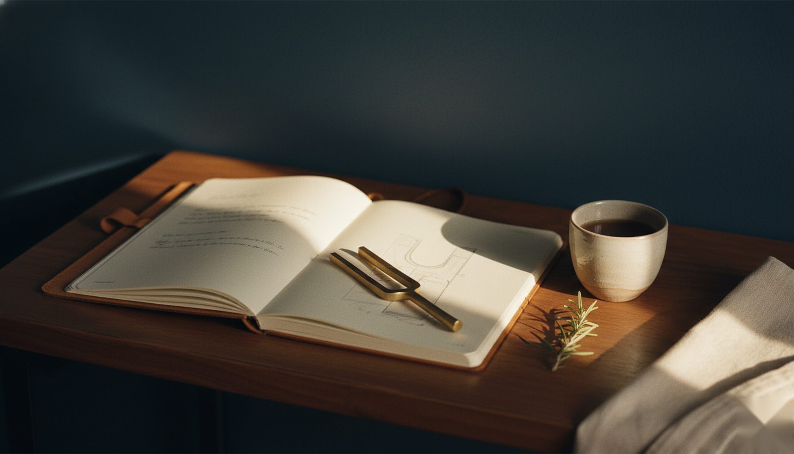 Editorial close-up of an open clinician's notebook with a brass tuning fork resting across the page in warm afternoon sunlight — Exxceed Wellness blog hero on TMS vs. medication for treatment-resistant depression.