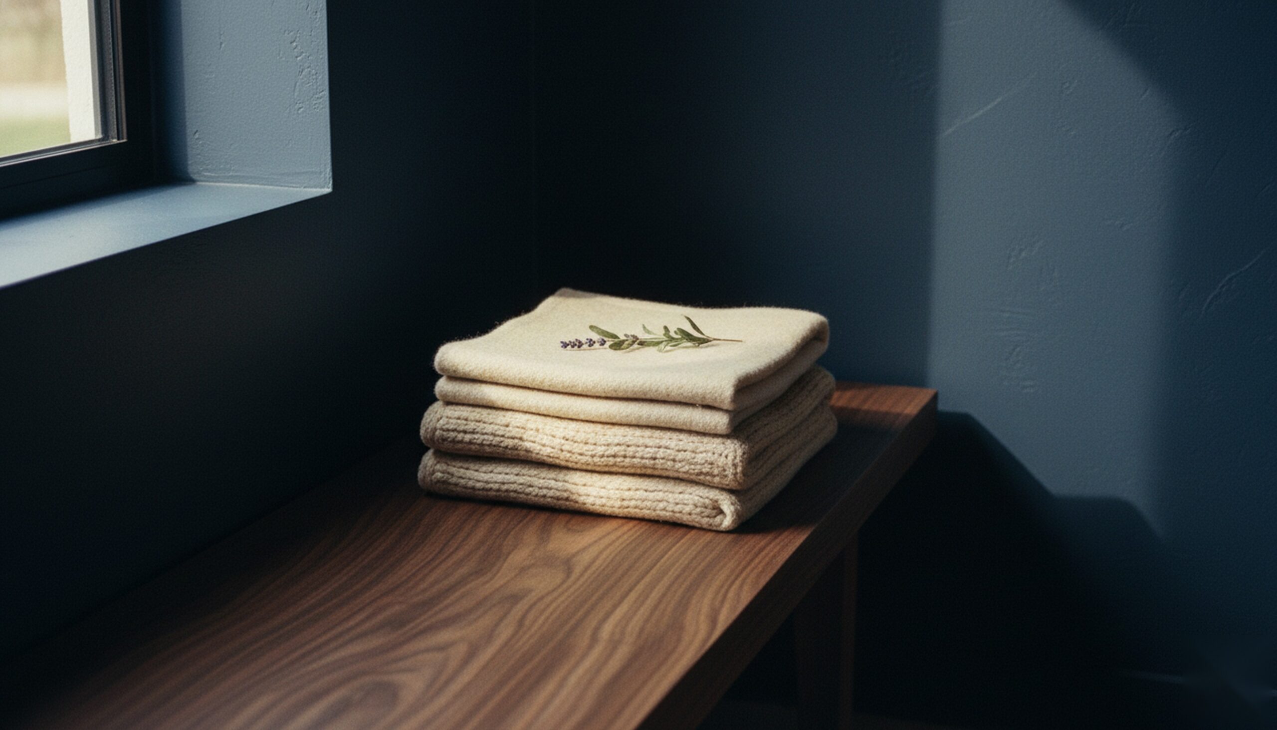 Editorial close-up of folded cream and oatmeal wool throws on a walnut bench beneath a window in late afternoon sunlight, with a small pressed lavender sprig on top — Exxceed Wellness blog hero on what TMS actually feels like.