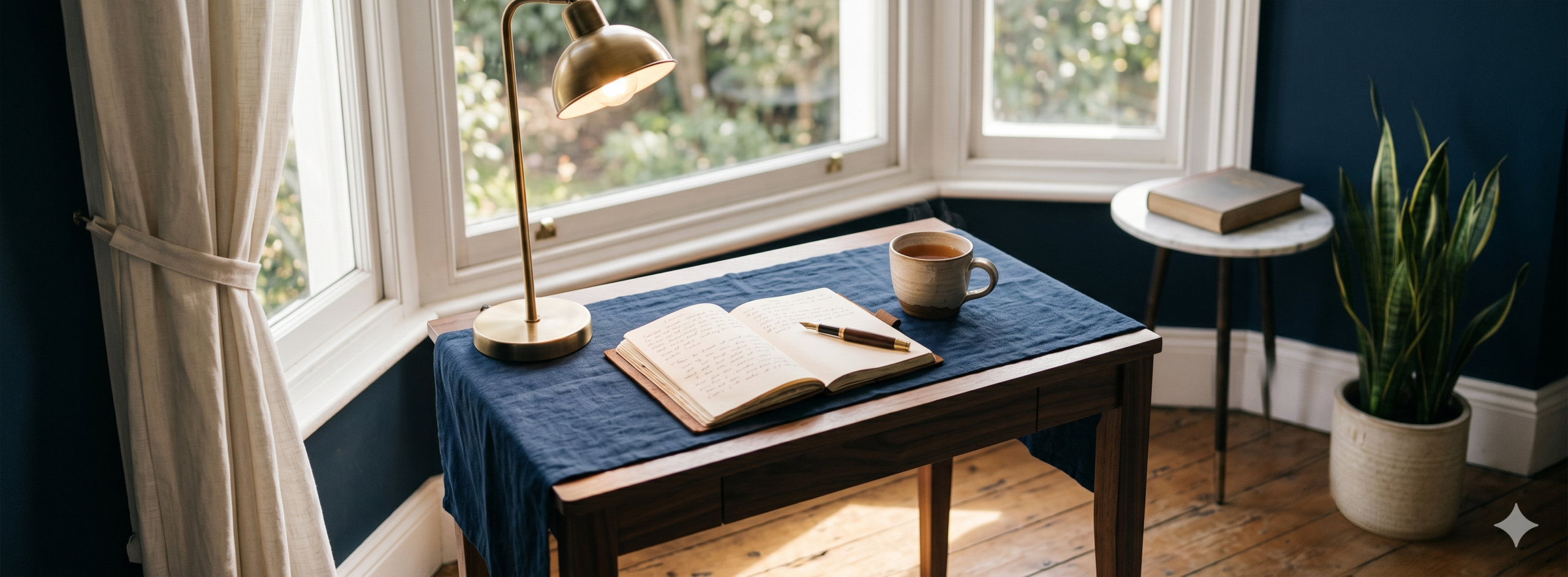Quiet morning desk scene with brass lamp, ceramic mug, and open journal — calm imagery for anxiety treatment at Exxceed Wellness in Hayward, California