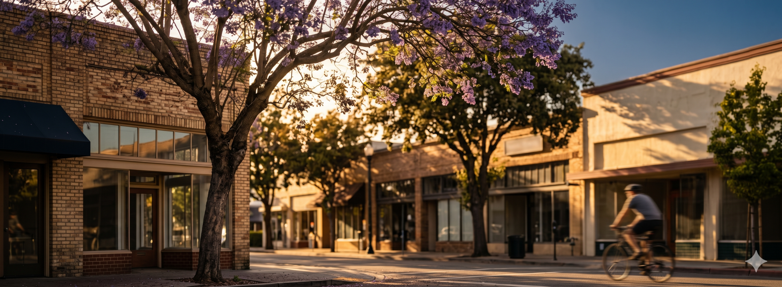 Tree-lined East Bay residential street with jacaranda blossoms in golden-hour light — Exxceed Wellness psychiatric practice in Hayward, California