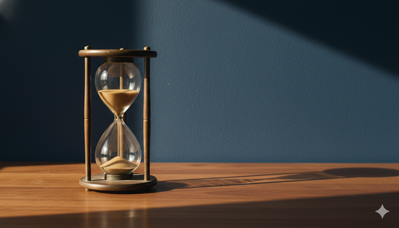 Antique brass hourglass with golden sand mid-flow on warm walnut surface, deep navy plaster wall raked by late-afternoon golden sunlight - editorial still-life evoking ADHD time blindness and executive function, Exxceed Wellness, Hayward CA.